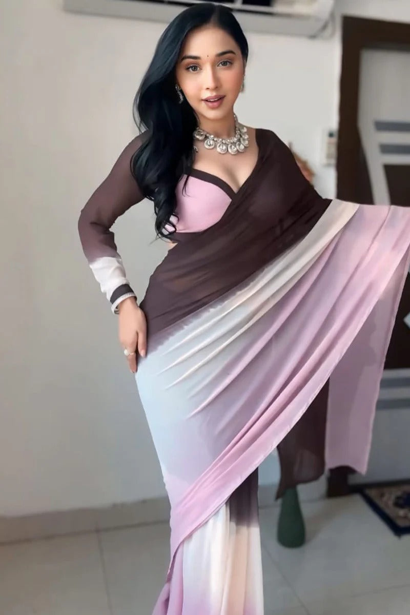Forbearance 1 Minute Ready To Wear Brown And Pink Georgette Saree
