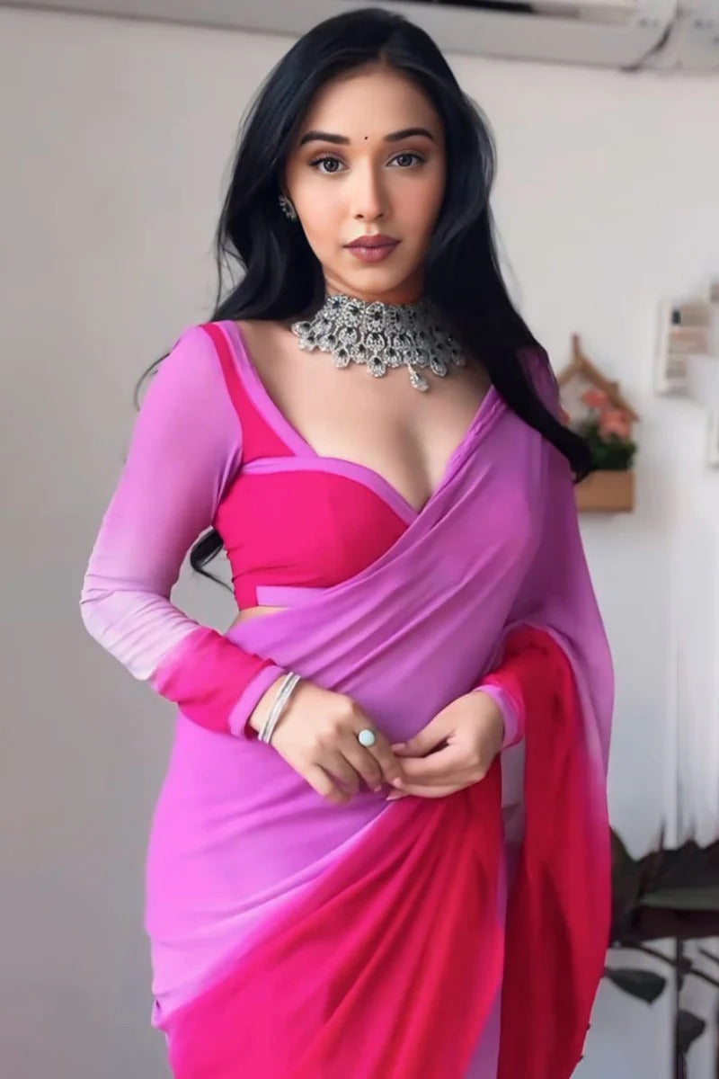 Groovy 1 Minute Ready To Wear Lavender And Pink Georgette Saree