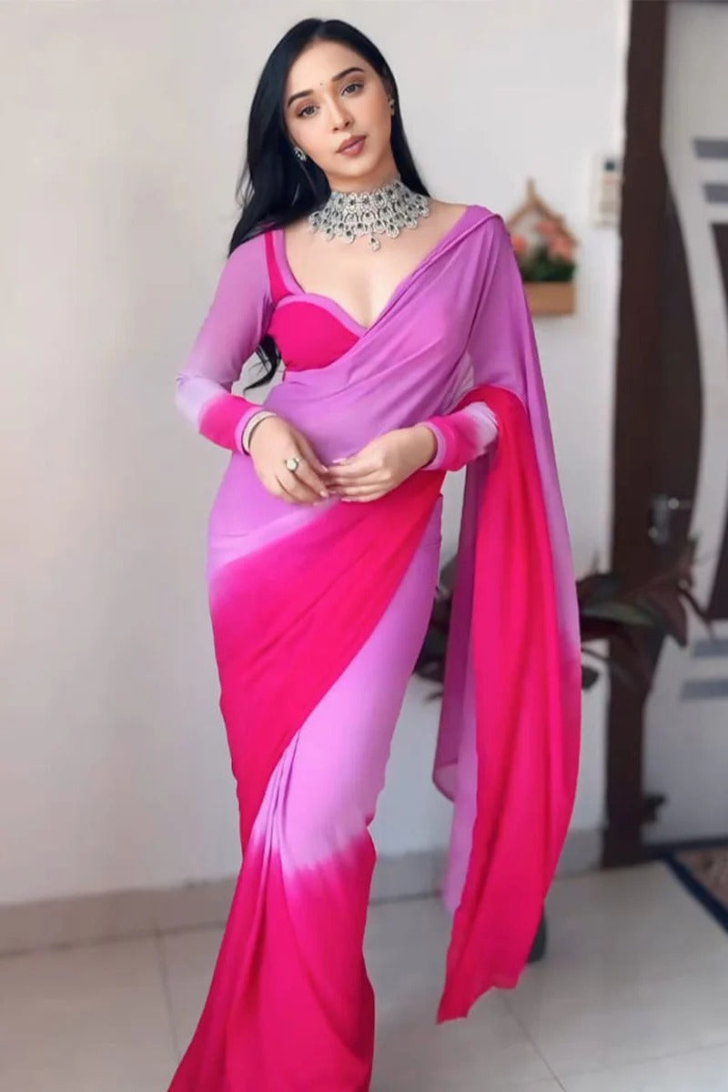 Groovy 1 Minute Ready To Wear Lavender And Pink Georgette Saree