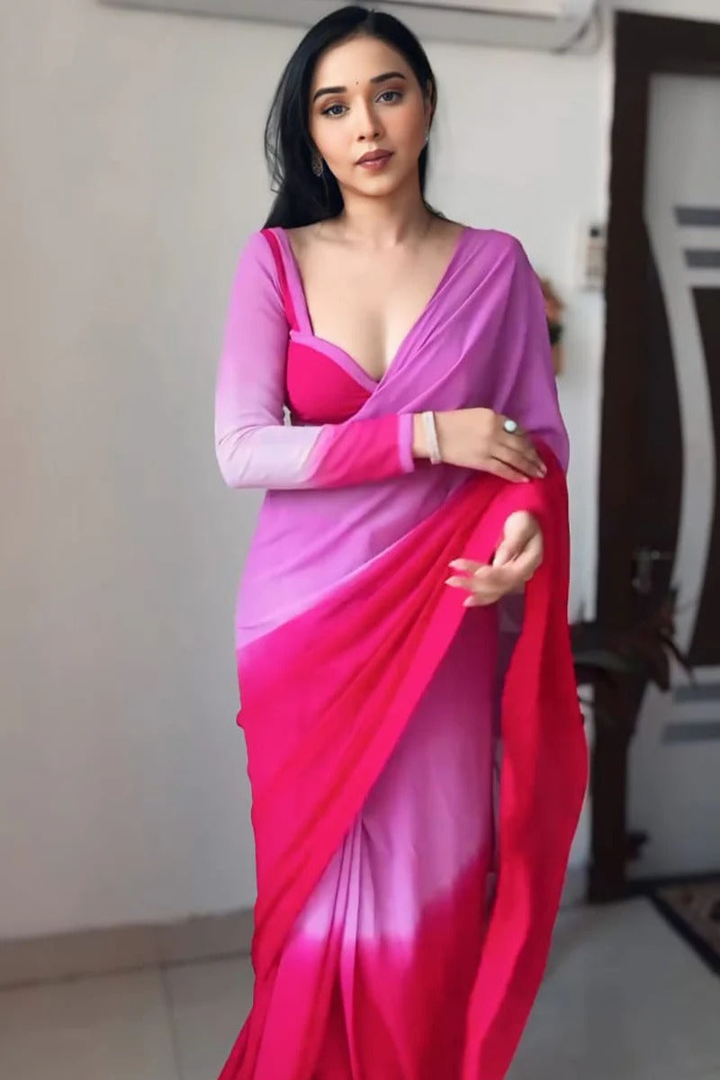 Groovy 1 Minute Ready To Wear Lavender And Pink Georgette Saree
