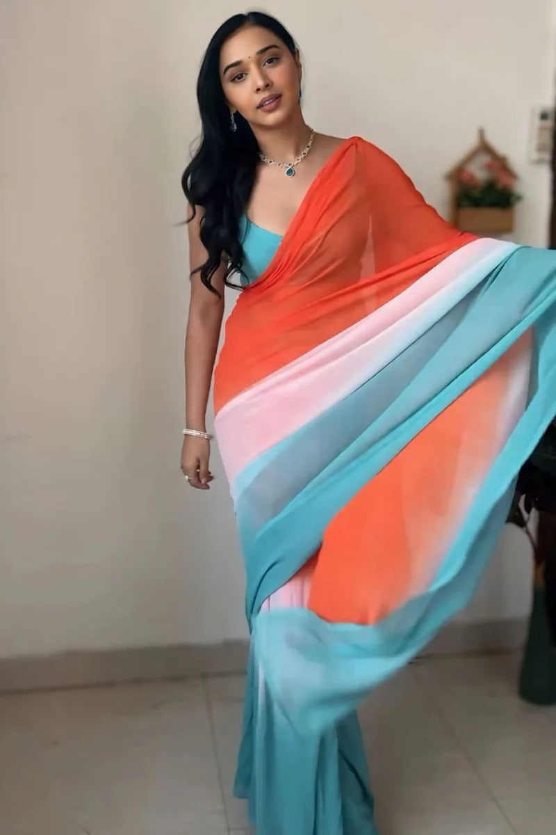 Exuberant 1 Minute Ready To Wear Orange And Firozi Georgette Saree