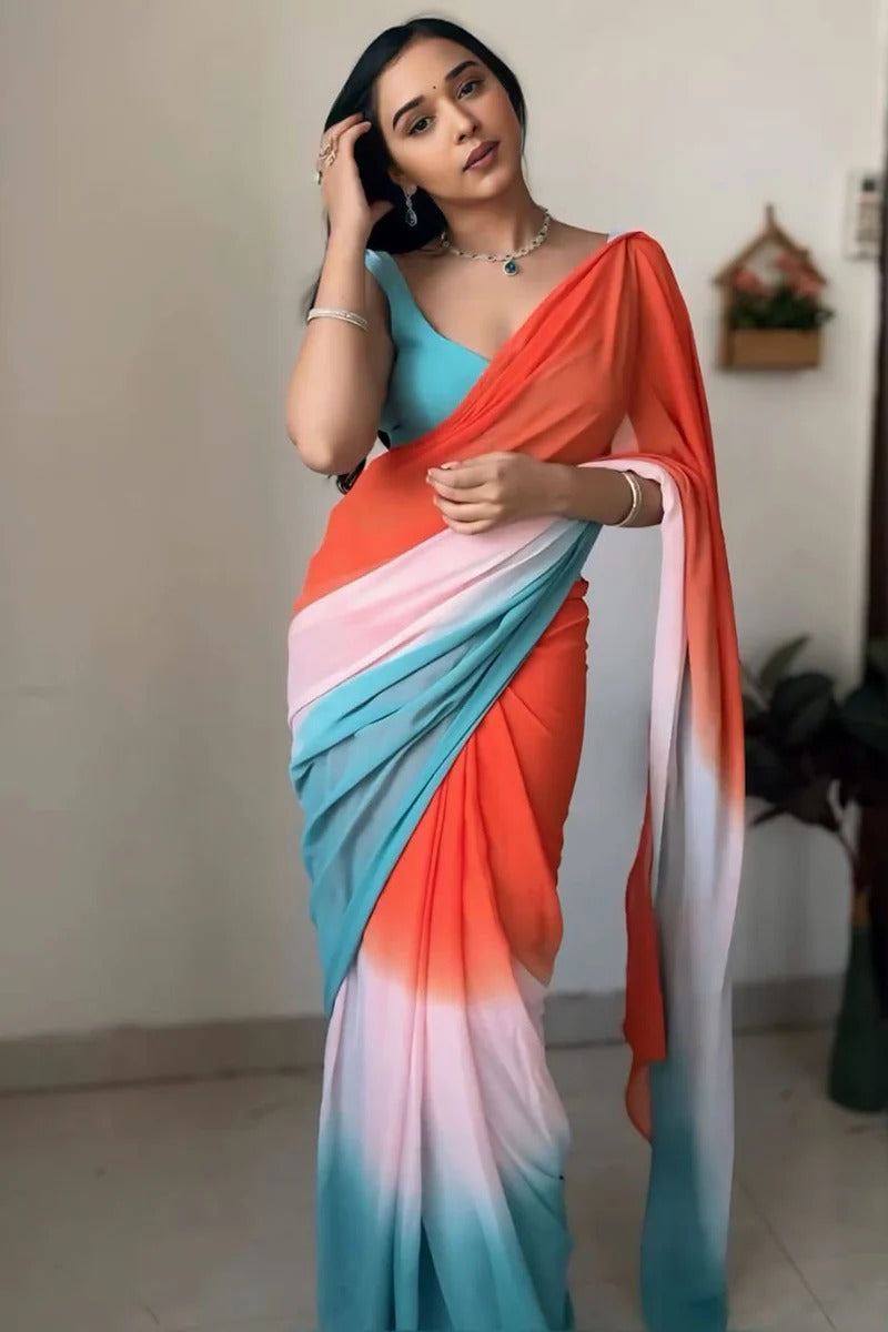 Exuberant 1 Minute Ready To Wear Orange And Firozi Georgette Saree