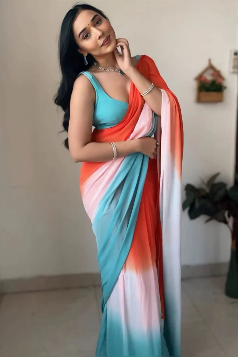 Exuberant 1 Minute Ready To Wear Orange And Firozi Georgette Saree