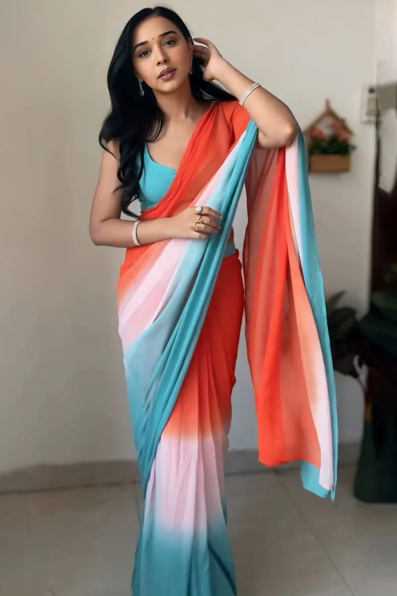 Exuberant 1 Minute Ready To Wear Orange And Firozi Georgette Saree