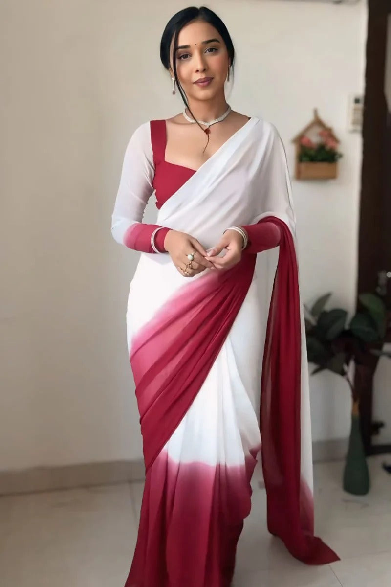 Inspiring 1 Minute Ready To Wear White And Maroon Georgette Saree