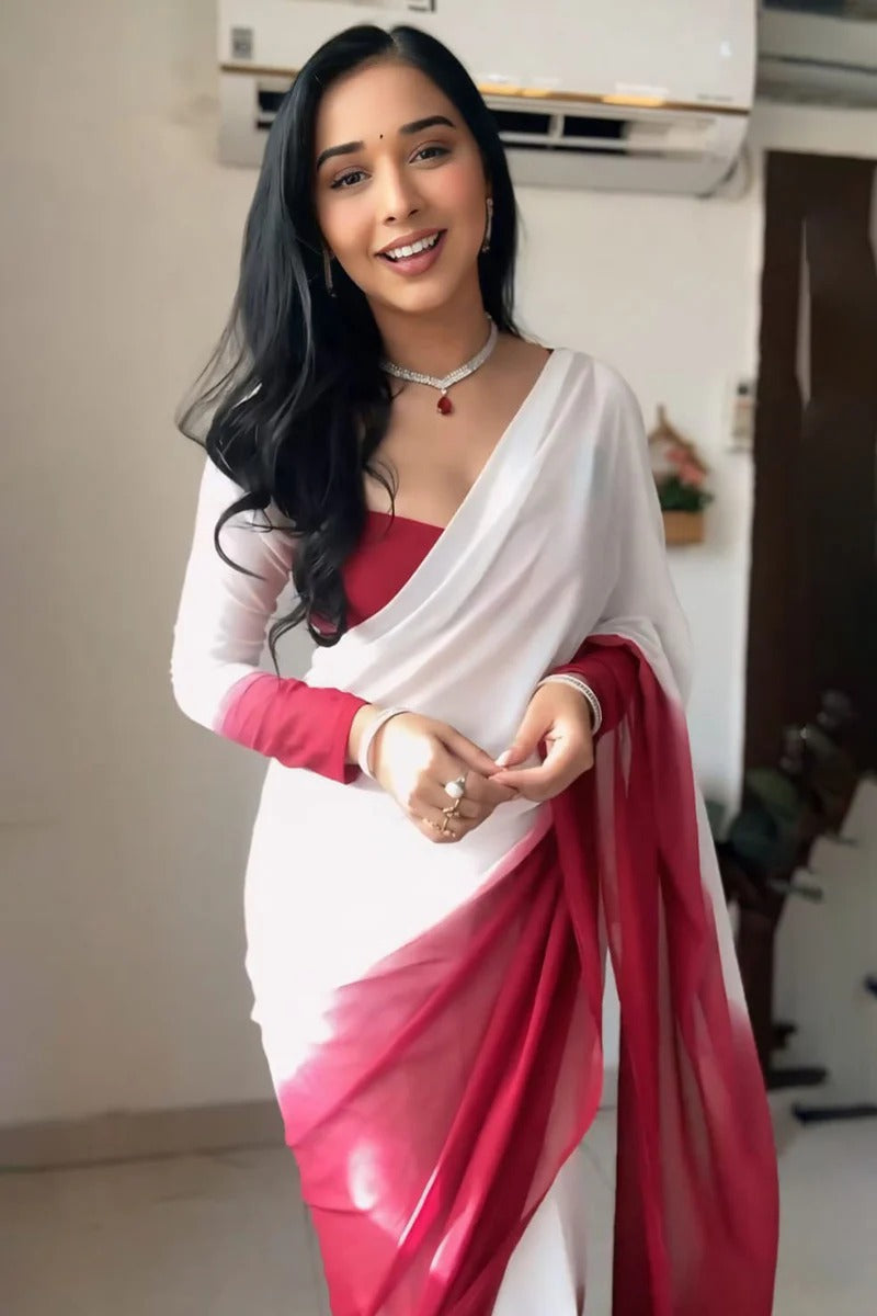 Inspiring 1 Minute Ready To Wear White And Maroon Georgette Saree