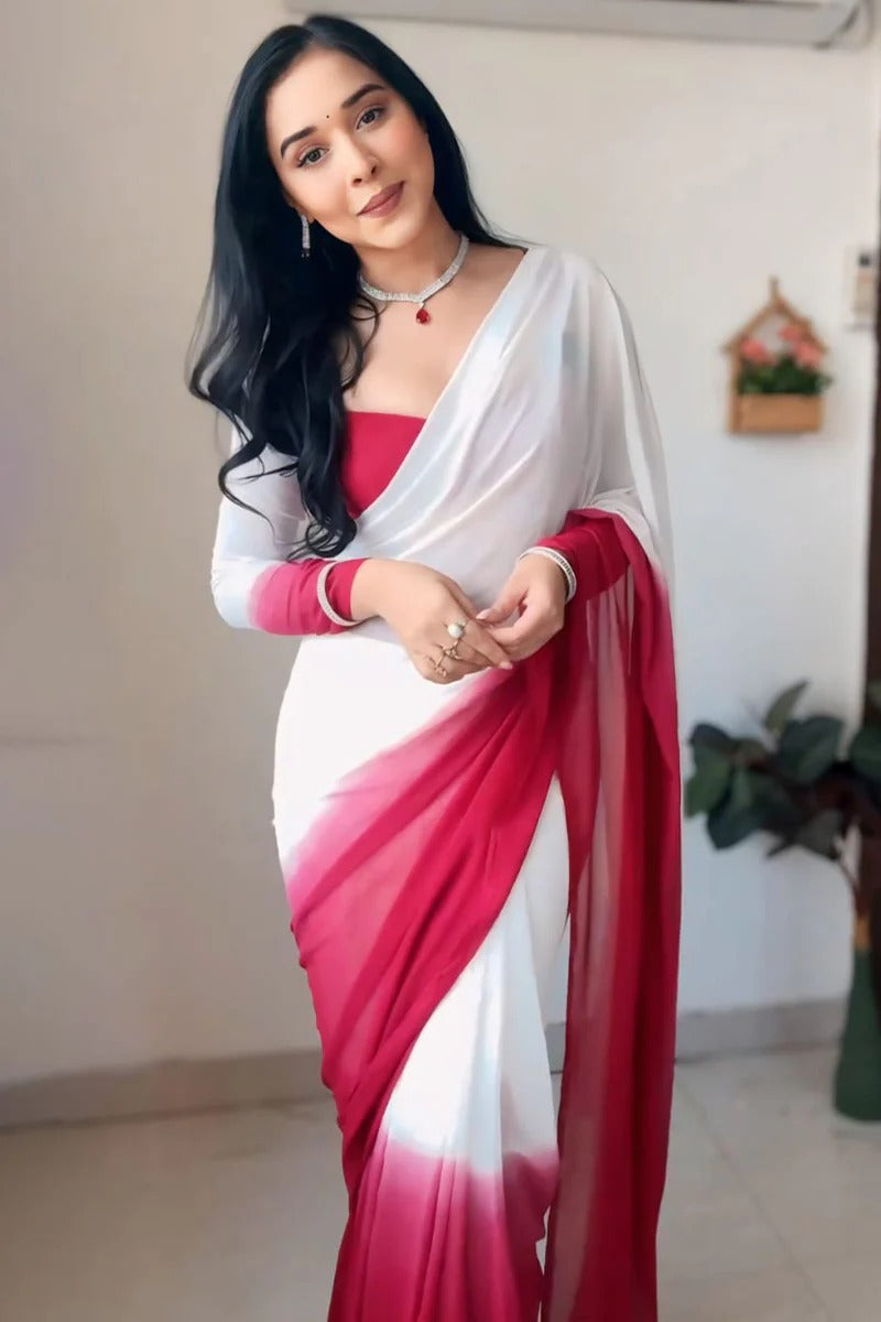 Inspiring 1 Minute Ready To Wear White And Maroon Georgette Saree