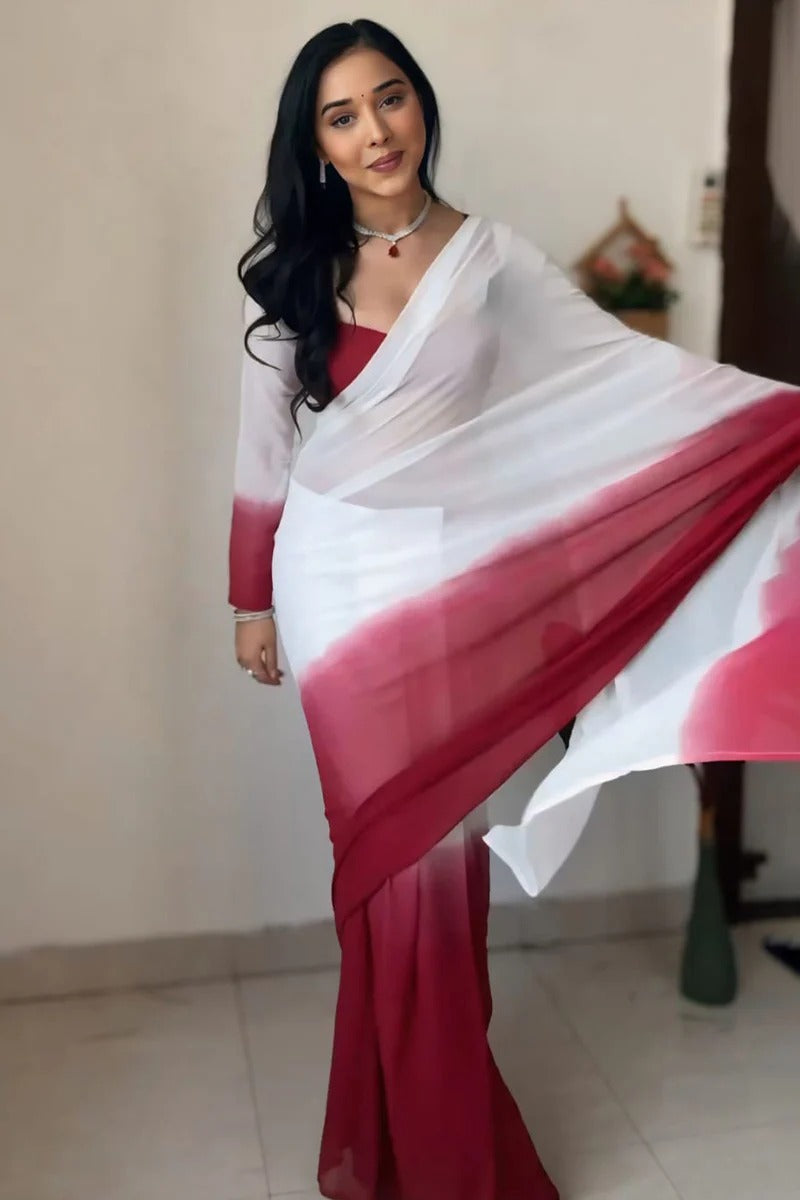 Inspiring 1 Minute Ready To Wear White And Maroon Georgette Saree