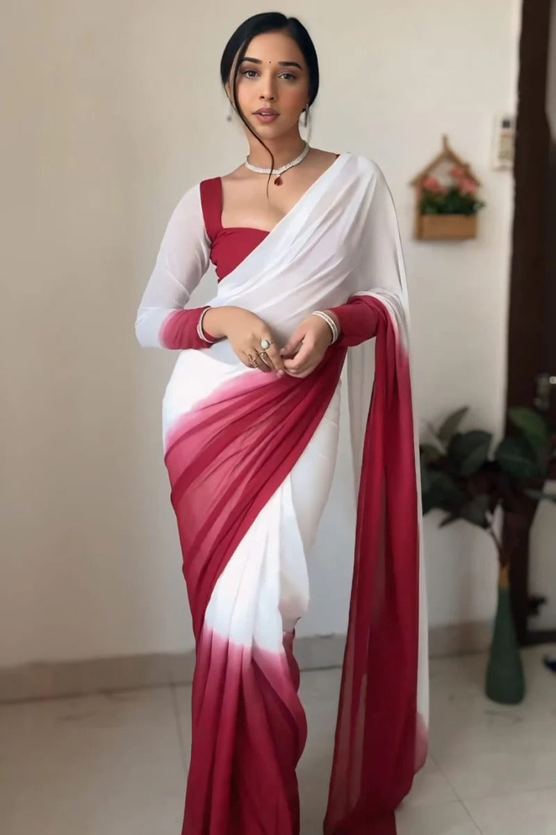 Inspiring 1 Minute Ready To Wear White And Maroon Georgette Saree