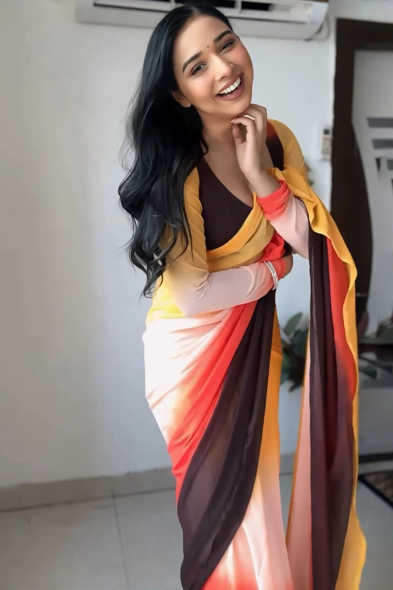 Stylish 1 Minute Ready To Wear Yellow And Brown Georgette Saree