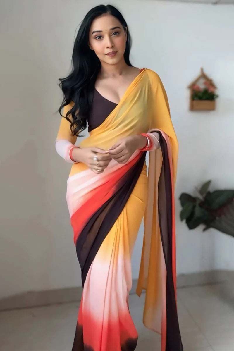 Stylish 1 Minute Ready To Wear Yellow And Brown Georgette Saree