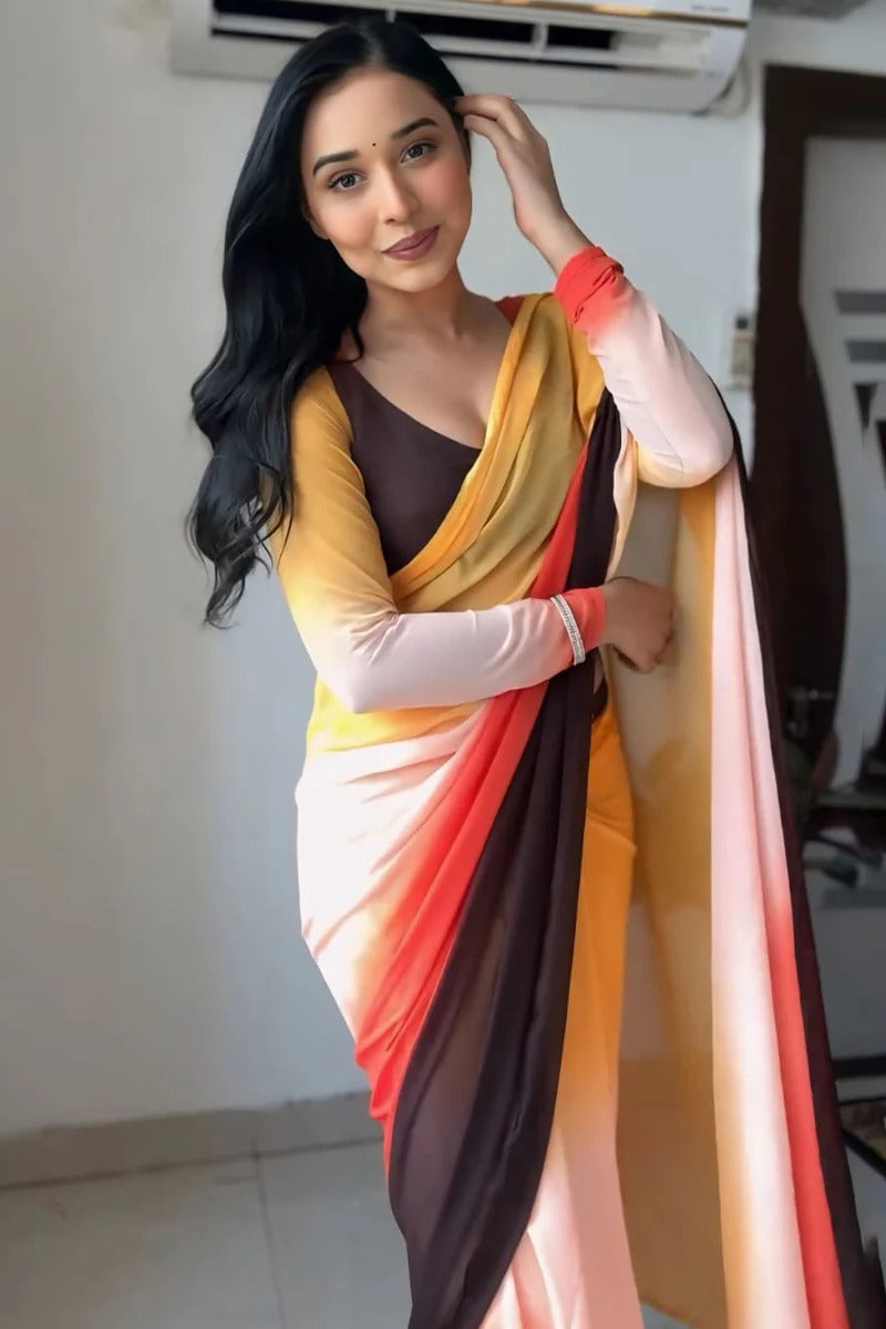 Stylish 1 Minute Ready To Wear Yellow And Brown Georgette Saree