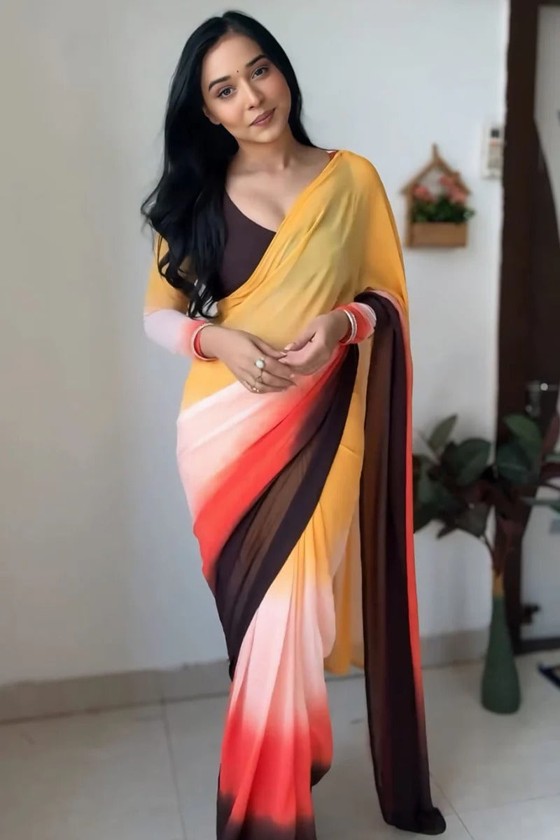 Stylish 1 Minute Ready To Wear Yellow And Brown Georgette Saree