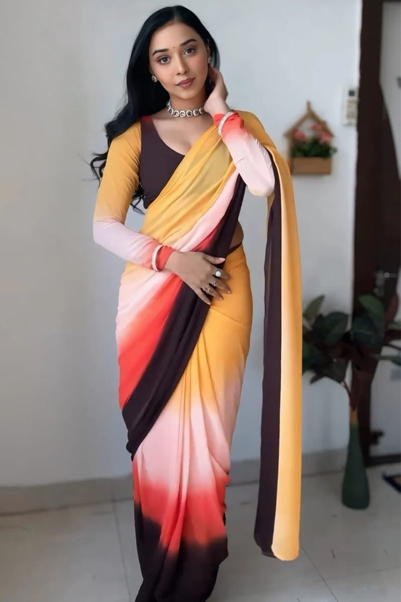 Stylish 1 Minute Ready To Wear Yellow And Brown Georgette Saree
