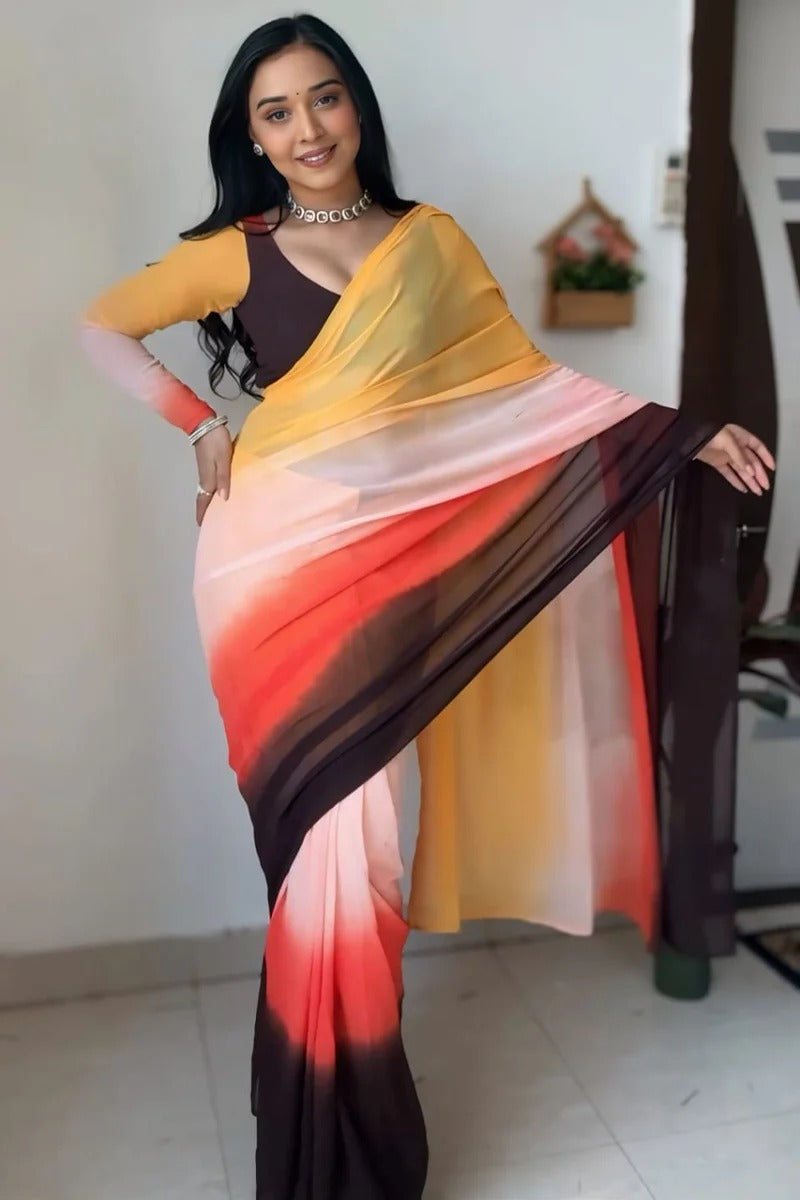 Stylish 1 Minute Ready To Wear Yellow And Brown Georgette Saree