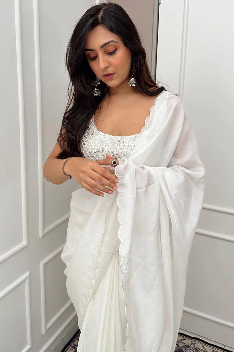 Most Flattering 1 Minute Ready To Wear White Georgette Saree