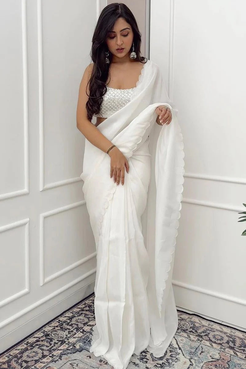Most Flattering 1 Minute Ready To Wear White Georgette Saree