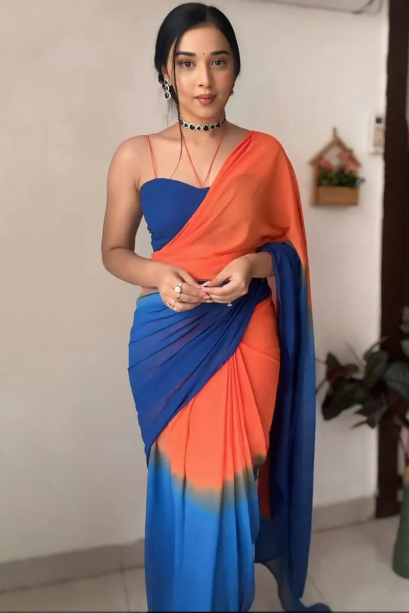 Surreptitious 1 Minute Ready To Wear Orange And Blue Georgette Saree
