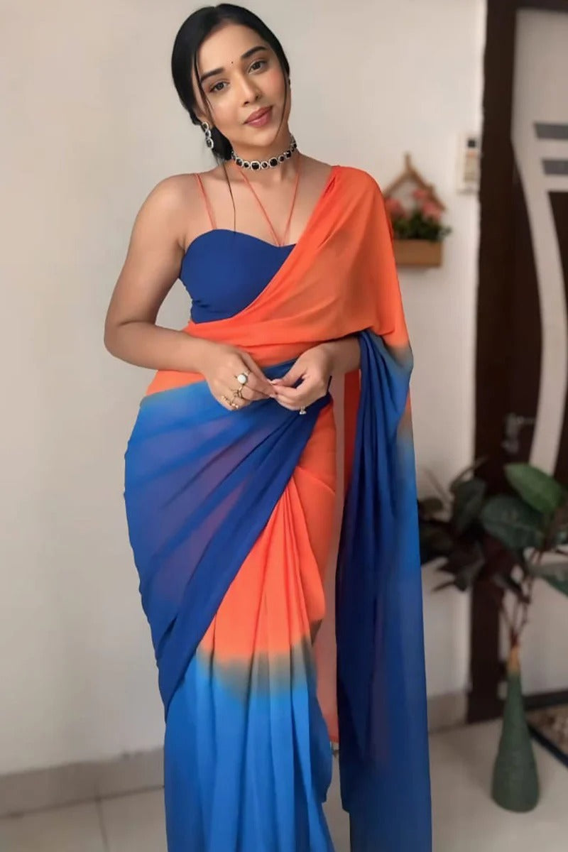Surreptitious 1 Minute Ready To Wear Orange And Blue Georgette Saree