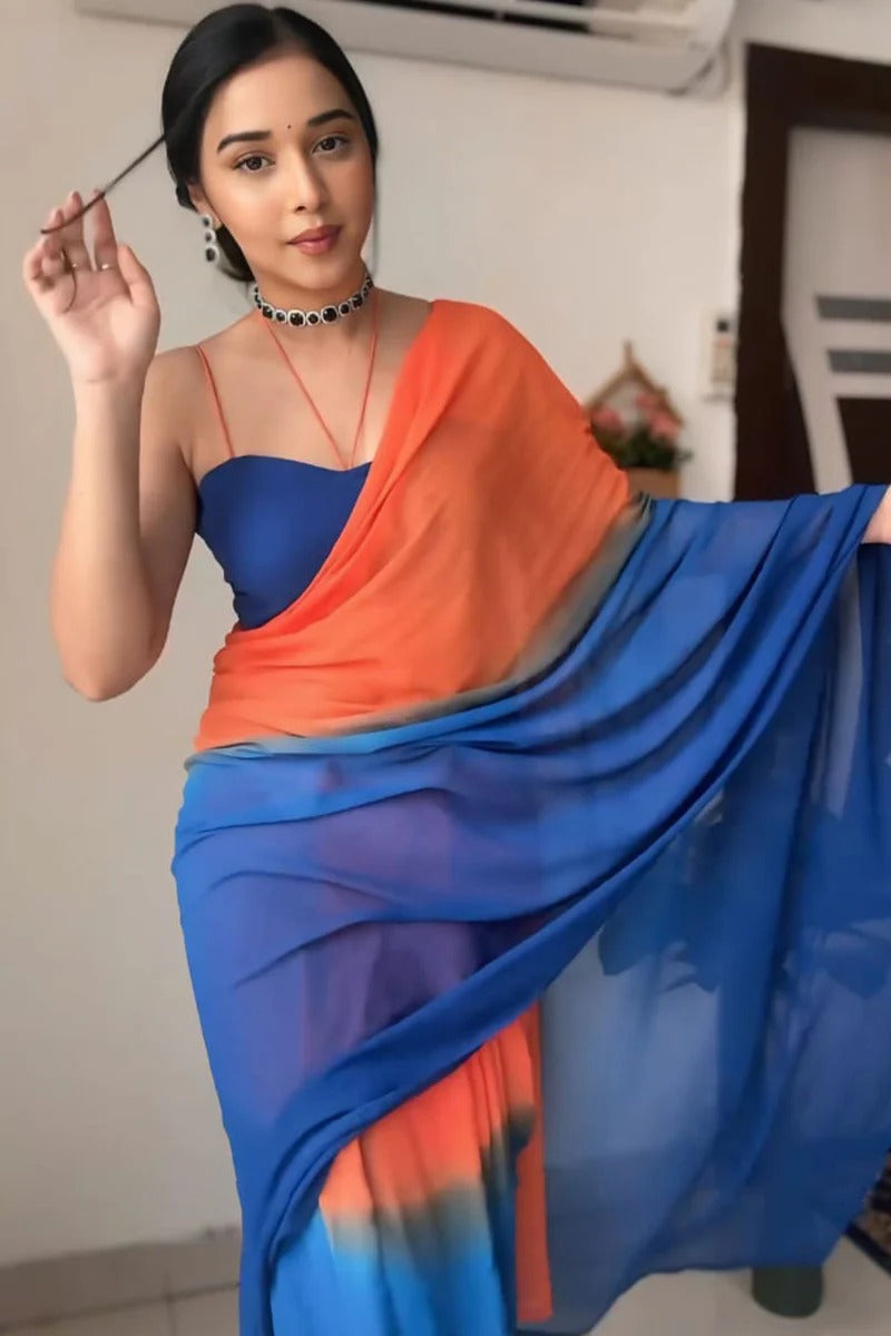 Surreptitious 1 Minute Ready To Wear Orange And Blue Georgette Saree