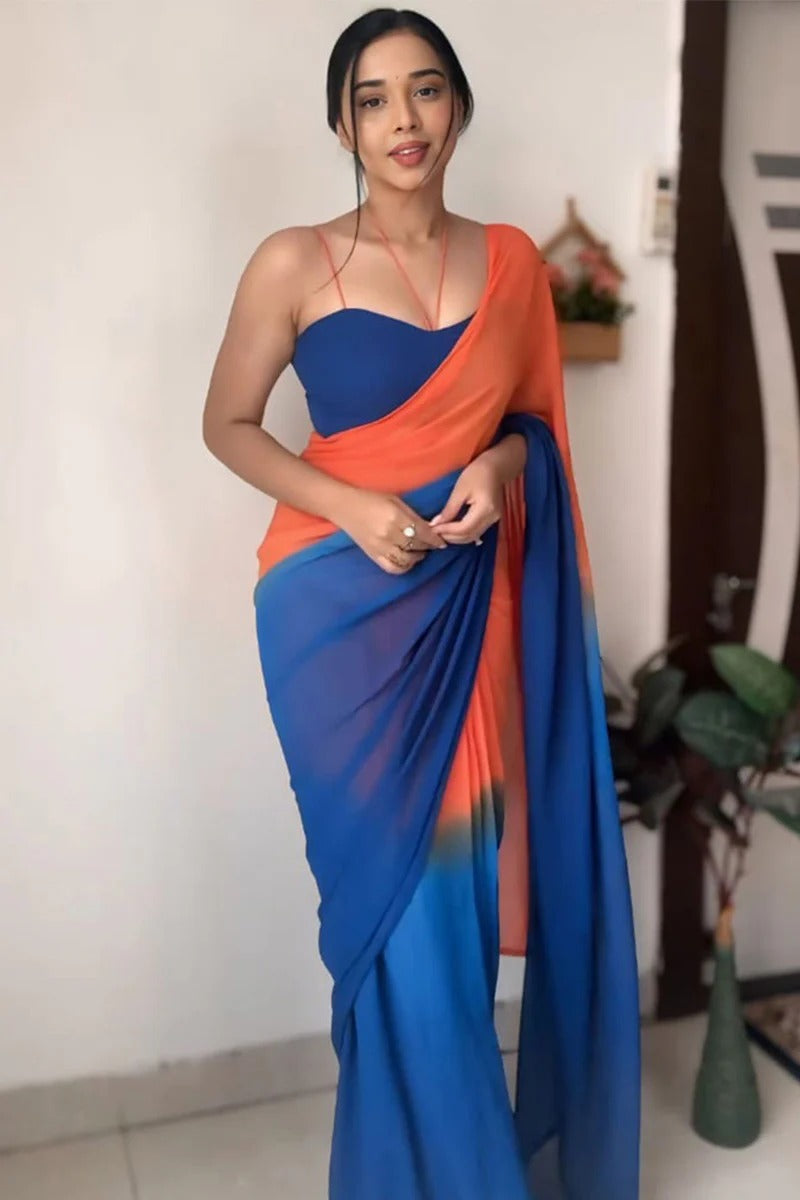 Surreptitious 1 Minute Ready To Wear Orange And Blue Georgette Saree