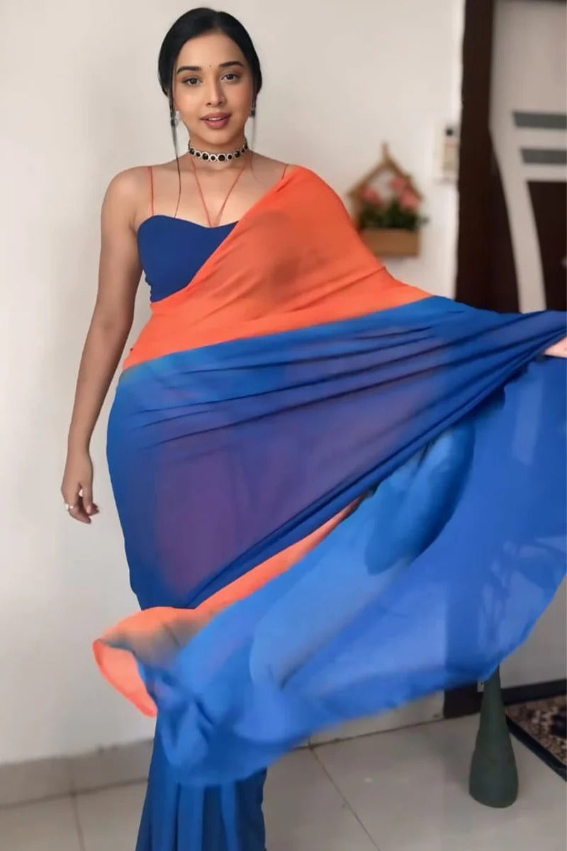 Surreptitious 1 Minute Ready To Wear Orange And Blue Georgette Saree