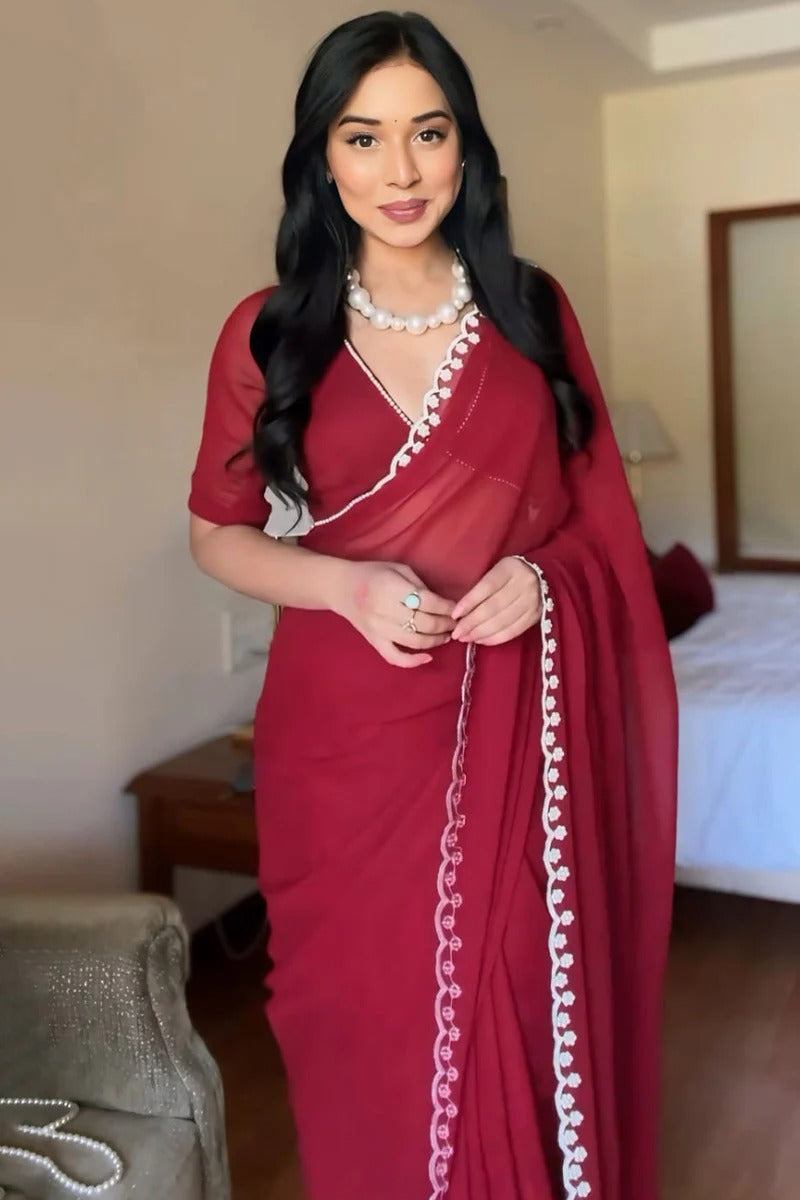 Smart 1 Minute Ready To Wear Maroon Georgette Hand Work Saree