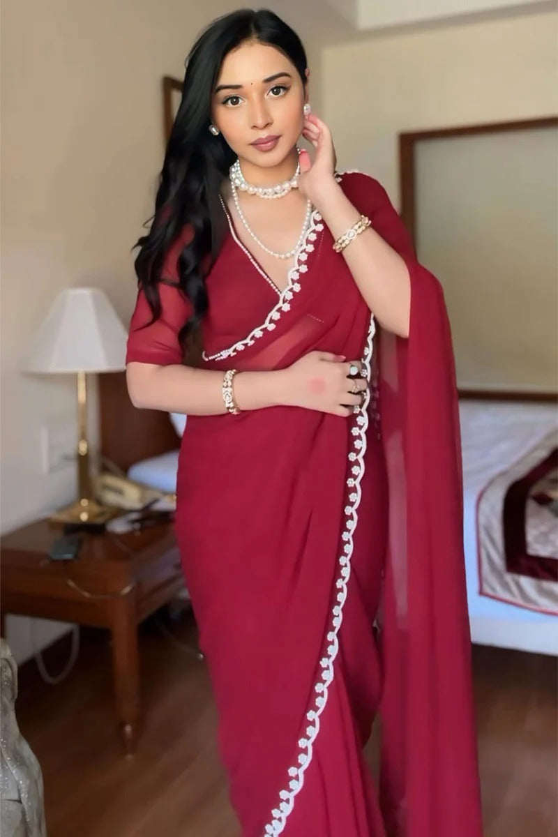 Smart 1 Minute Ready To Wear Maroon Georgette Hand Work Saree