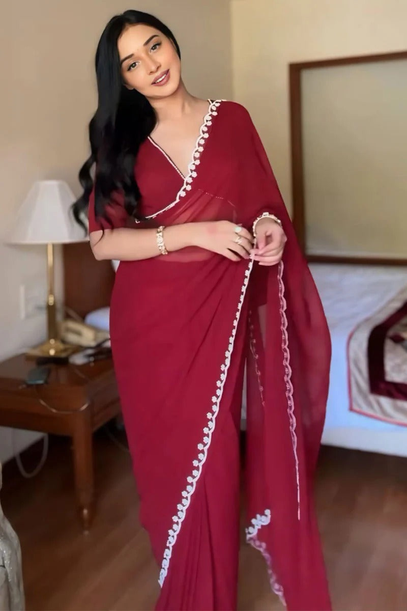 Smart 1 Minute Ready To Wear Maroon Georgette Hand Work Saree