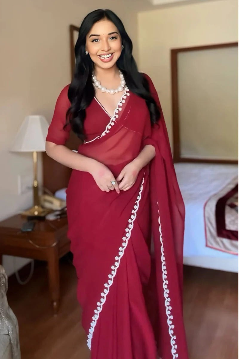 Smart 1 Minute Ready To Wear Maroon Georgette Hand Work Saree