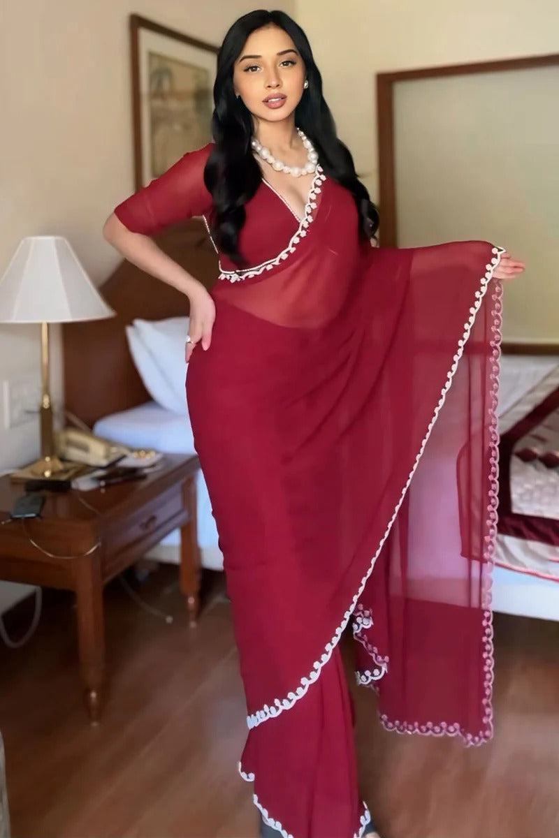 Smart 1 Minute Ready To Wear Maroon Georgette Hand Work Saree
