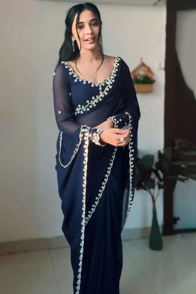 Vestigial 1 Minute Ready To Wear Navy Blue Georgette Hand Work Saree