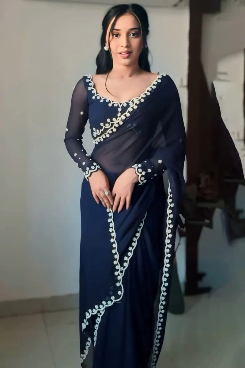 Vestigial 1 Minute Ready To Wear Navy Blue Georgette Hand Work Saree
