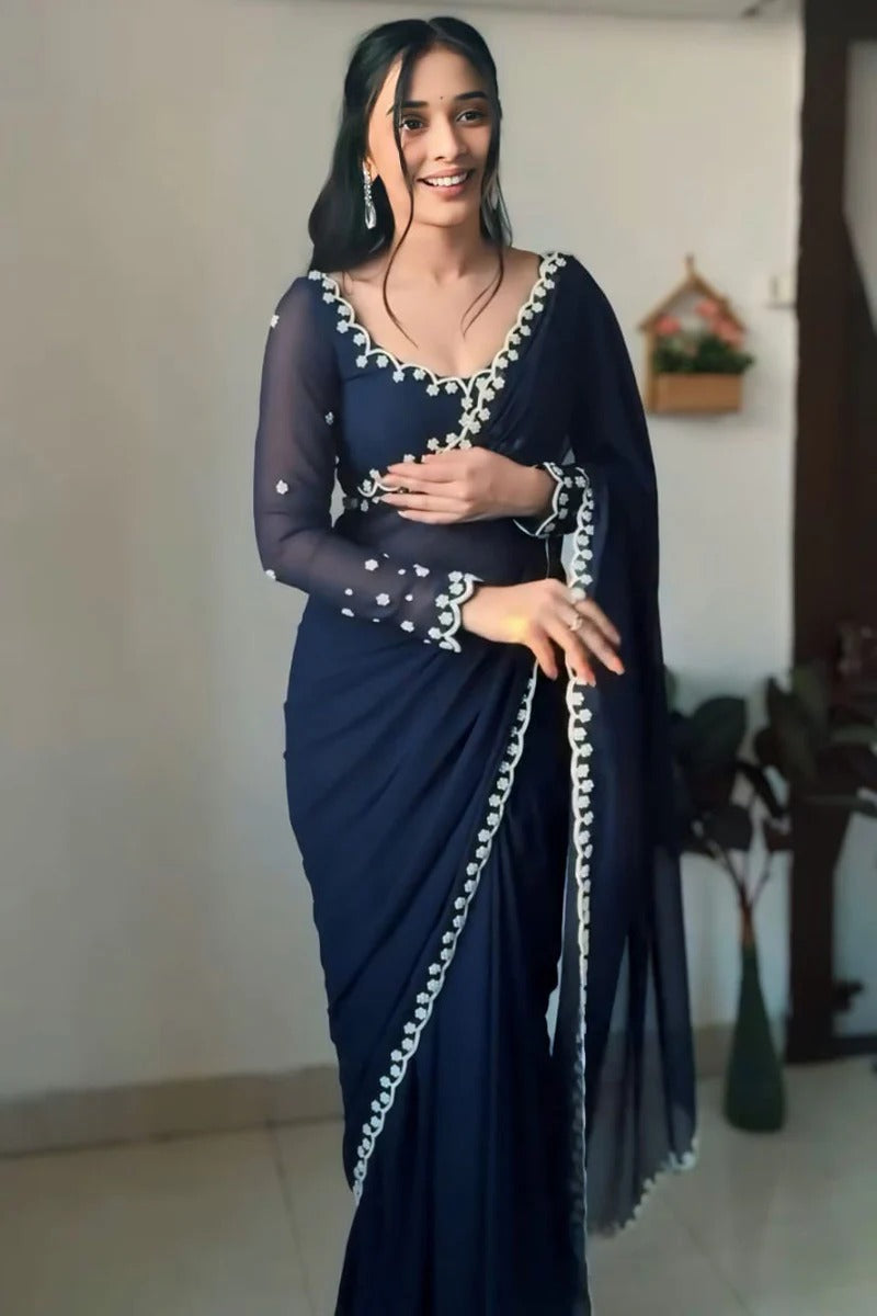 Vestigial 1 Minute Ready To Wear Navy Blue Georgette Hand Work Saree