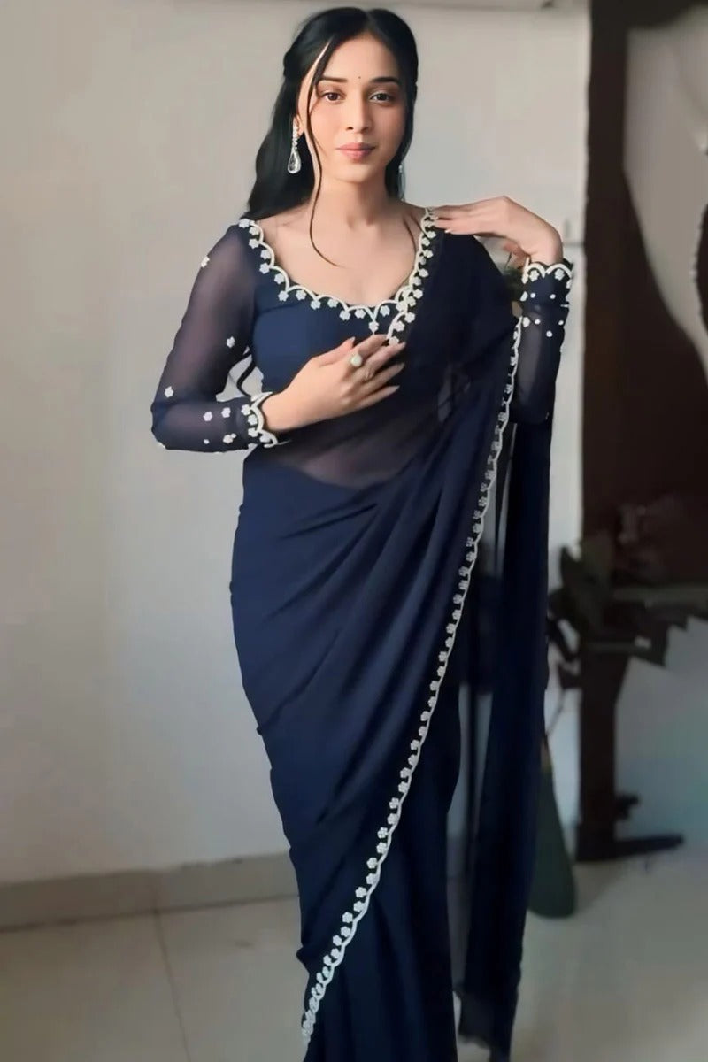 Vestigial 1 Minute Ready To Wear Navy Blue Georgette Hand Work Saree