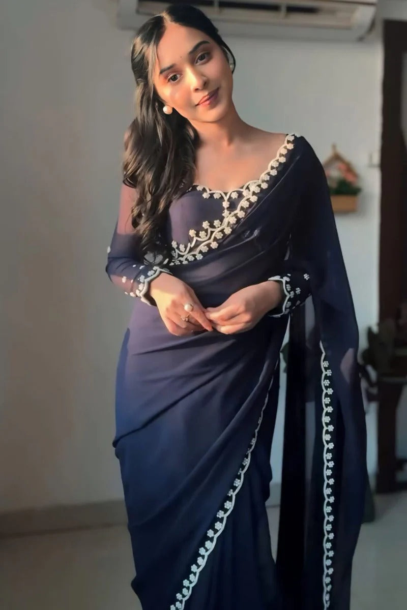 Vestigial 1 Minute Ready To Wear Navy Blue Georgette Hand Work Saree