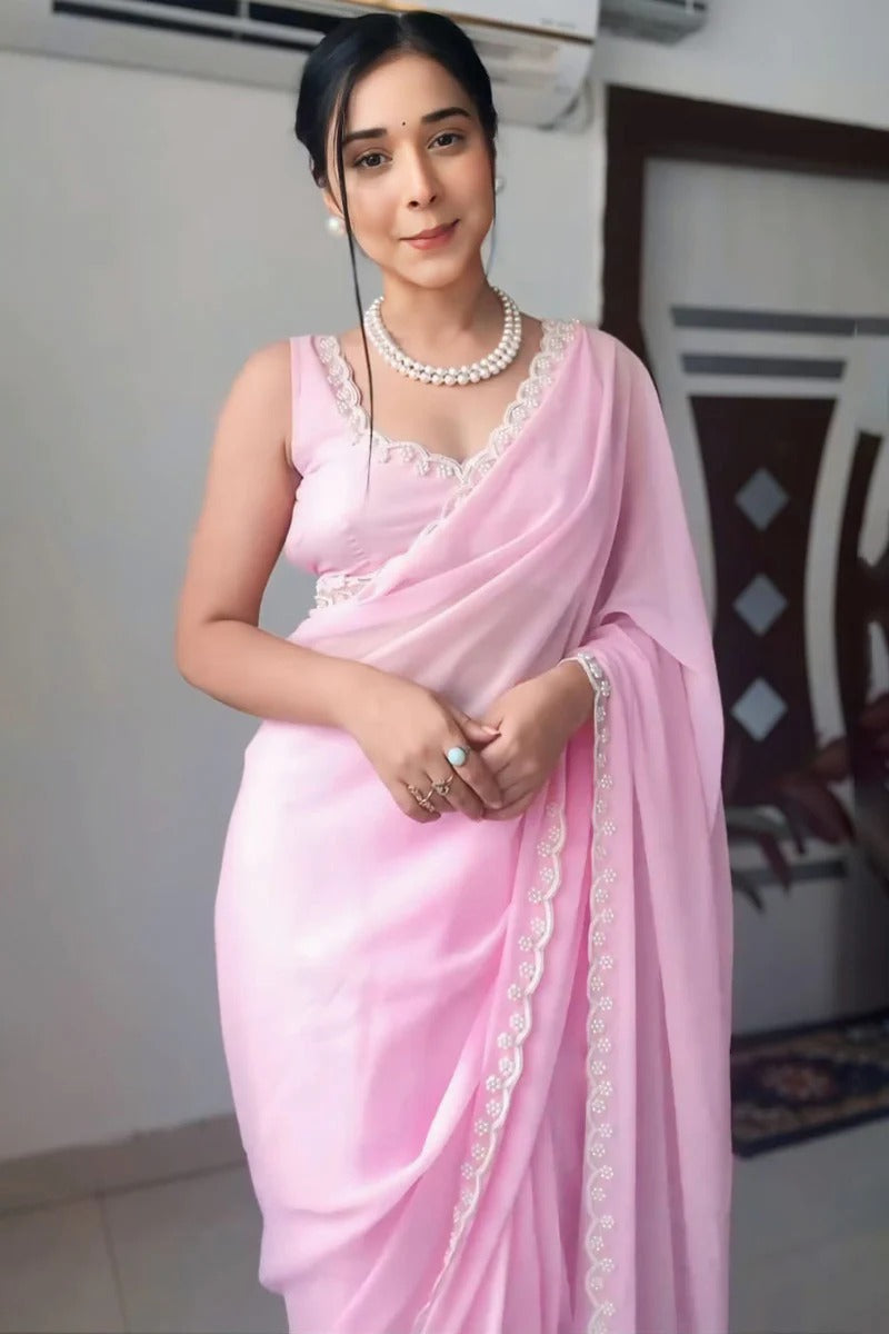 Amiable 1 Minute Ready To Wear Pink Georgette Hand Work Saree