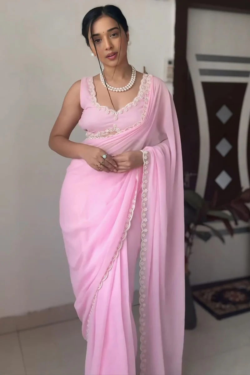 Amiable 1 Minute Ready To Wear Pink Georgette Hand Work Saree