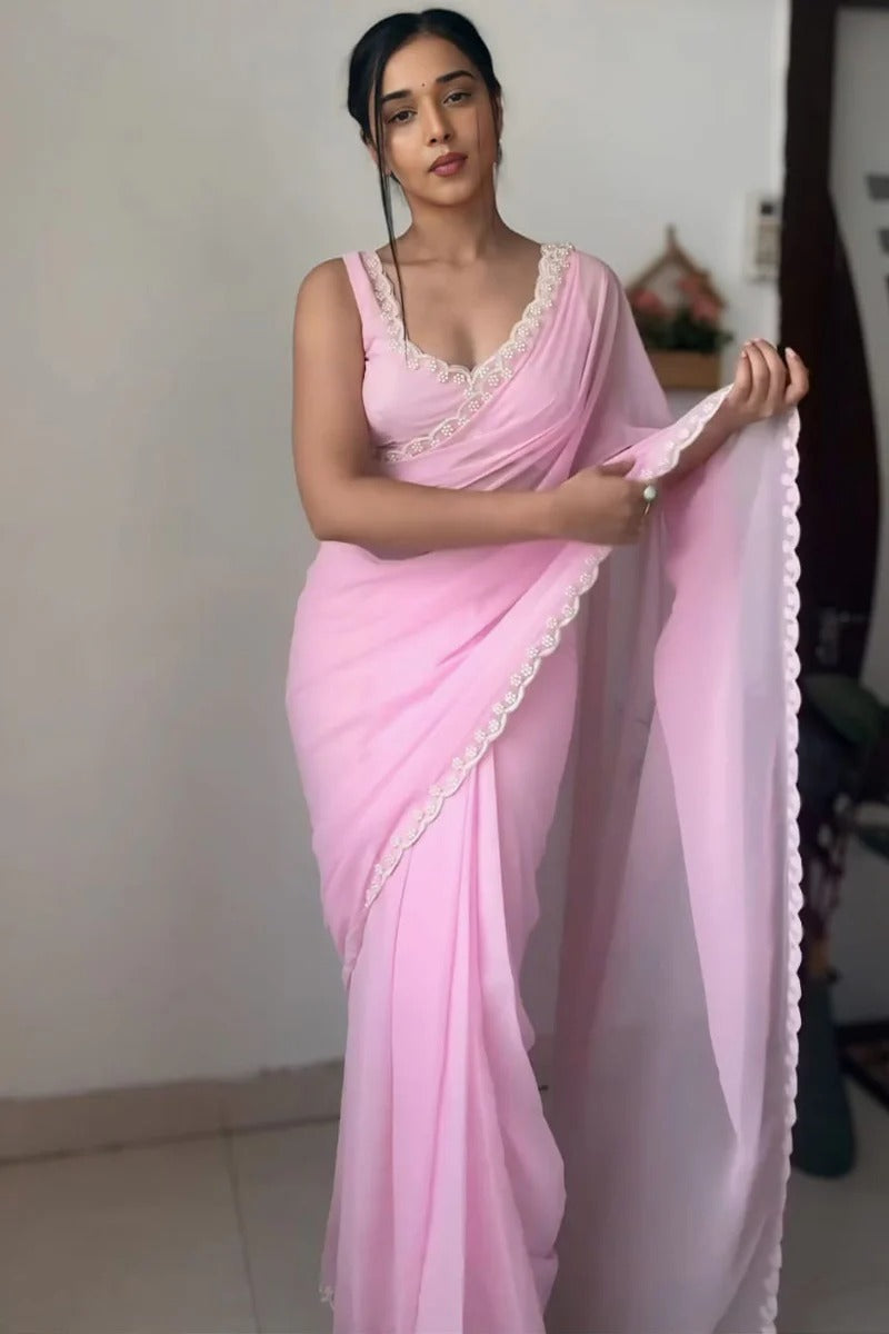 Amiable 1 Minute Ready To Wear Pink Georgette Hand Work Saree