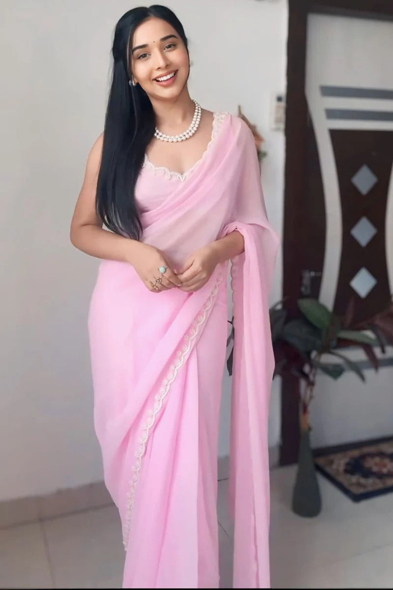 Amiable 1 Minute Ready To Wear Pink Georgette Hand Work Saree