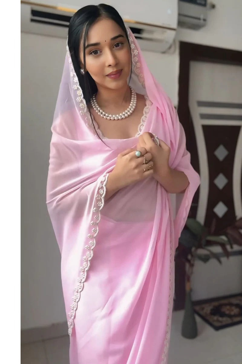 Amiable 1 Minute Ready To Wear Pink Georgette Hand Work Saree