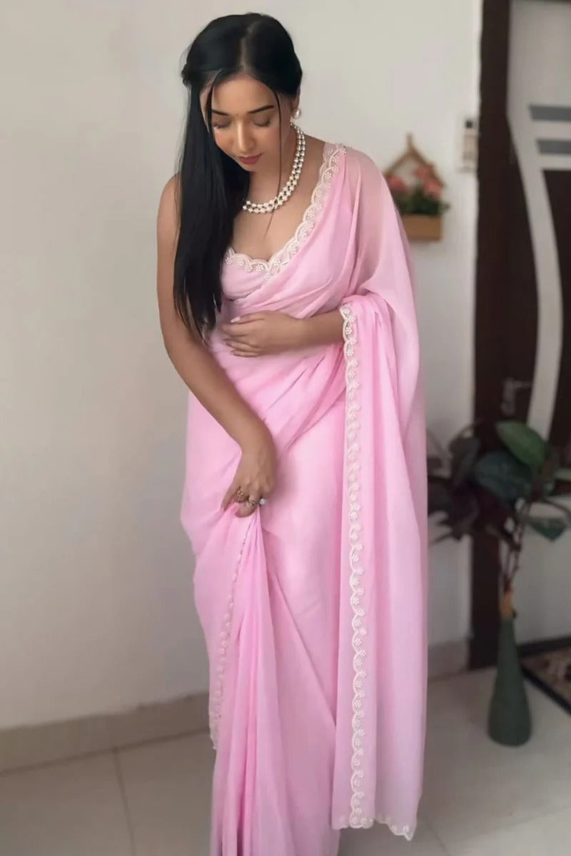 Amiable 1 Minute Ready To Wear Pink Georgette Hand Work Saree