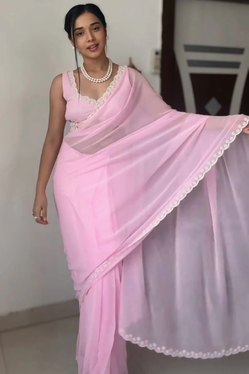 Amiable 1 Minute Ready To Wear Pink Georgette Hand Work Saree