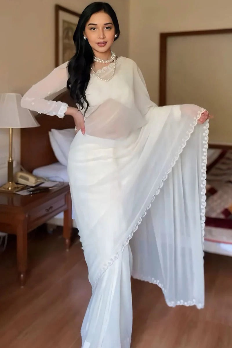 Evocative 1 Minute Ready To Wear White Georgette Hand Work Saree
