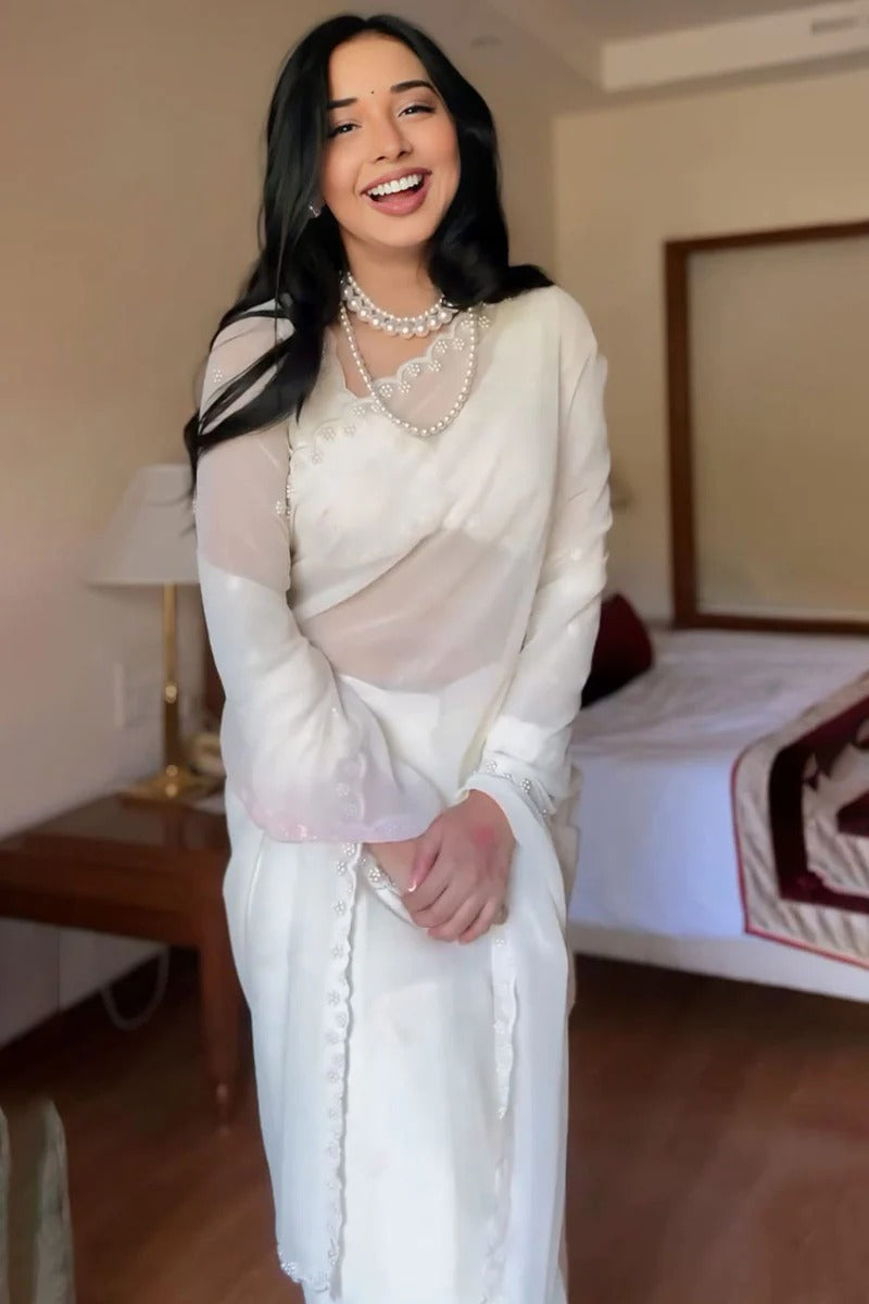 Evocative 1 Minute Ready To Wear White Georgette Hand Work Saree