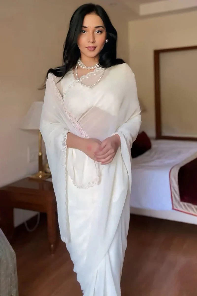Evocative 1 Minute Ready To Wear White Georgette Hand Work Saree