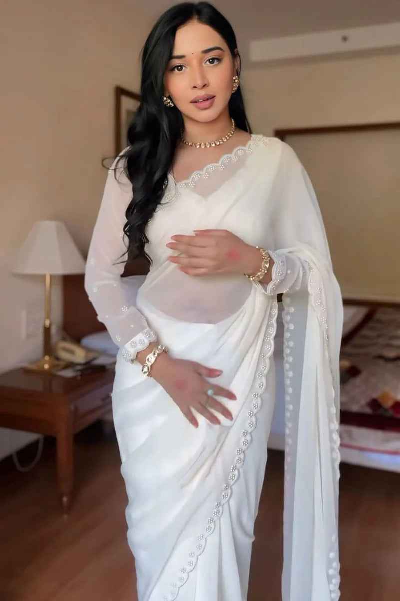 Evocative 1 Minute Ready To Wear White Georgette Hand Work Saree