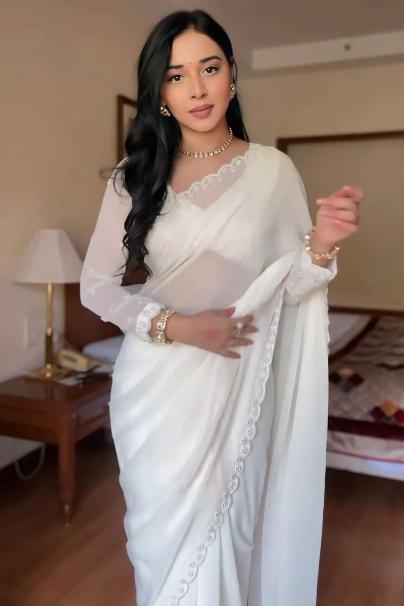 Evocative 1 Minute Ready To Wear White Georgette Hand Work Saree