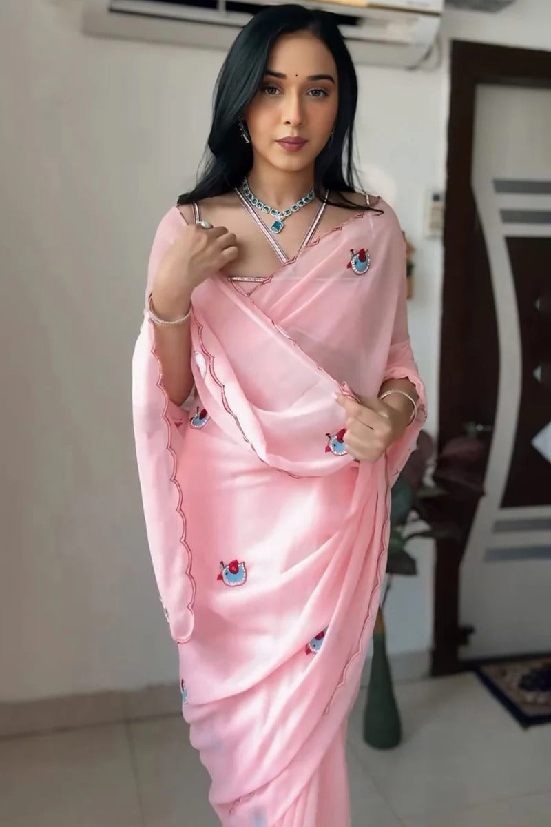 Cynosure 1 Minute Ready To Wear Pink Georgette Embroidery Work Saree