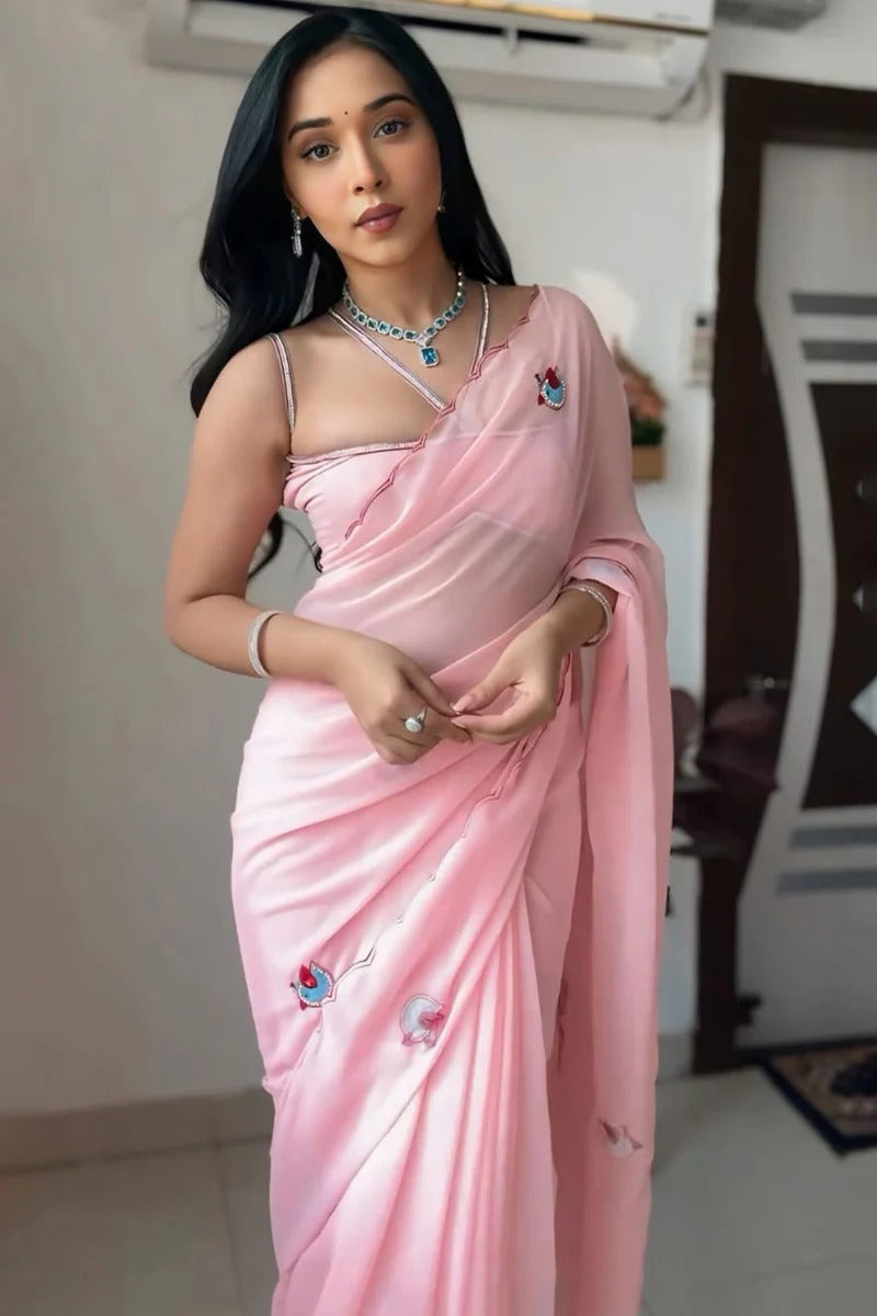 Cynosure 1 Minute Ready To Wear Pink Georgette Embroidery Work Saree